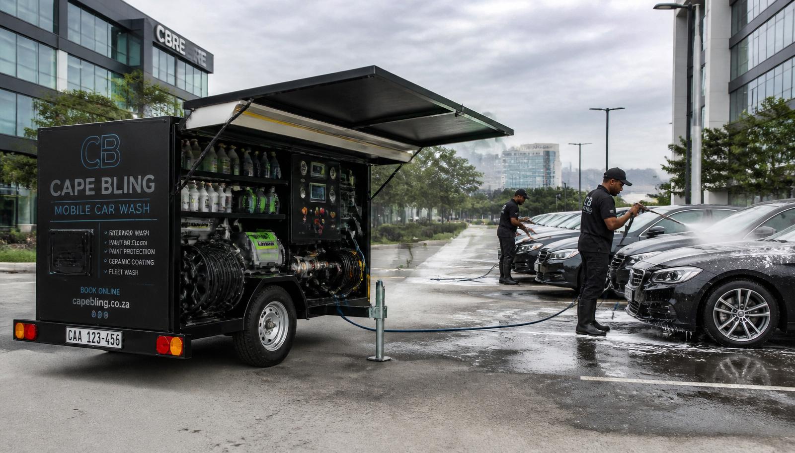Fleet wash day at a corporate office park.