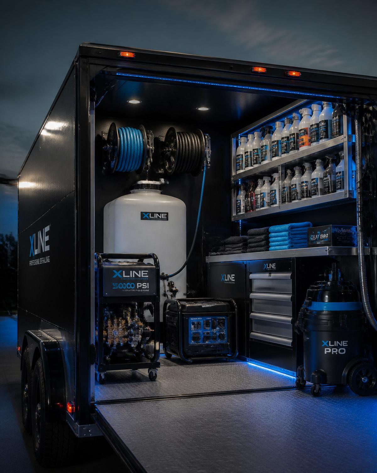 Pressure washer, purified water, generator — everything on board.
